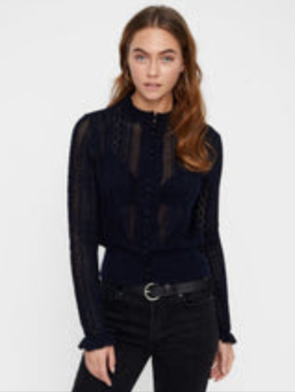 Vero Moda Navy Ruffle-Trim Open Pointelle Knit Crop Cardigan Size S